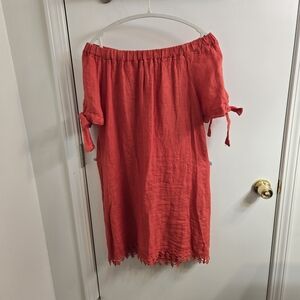 Lungo L'Arno 100% Linen Dress, Crochet Eyelet Lace, Orange, Red, Size M